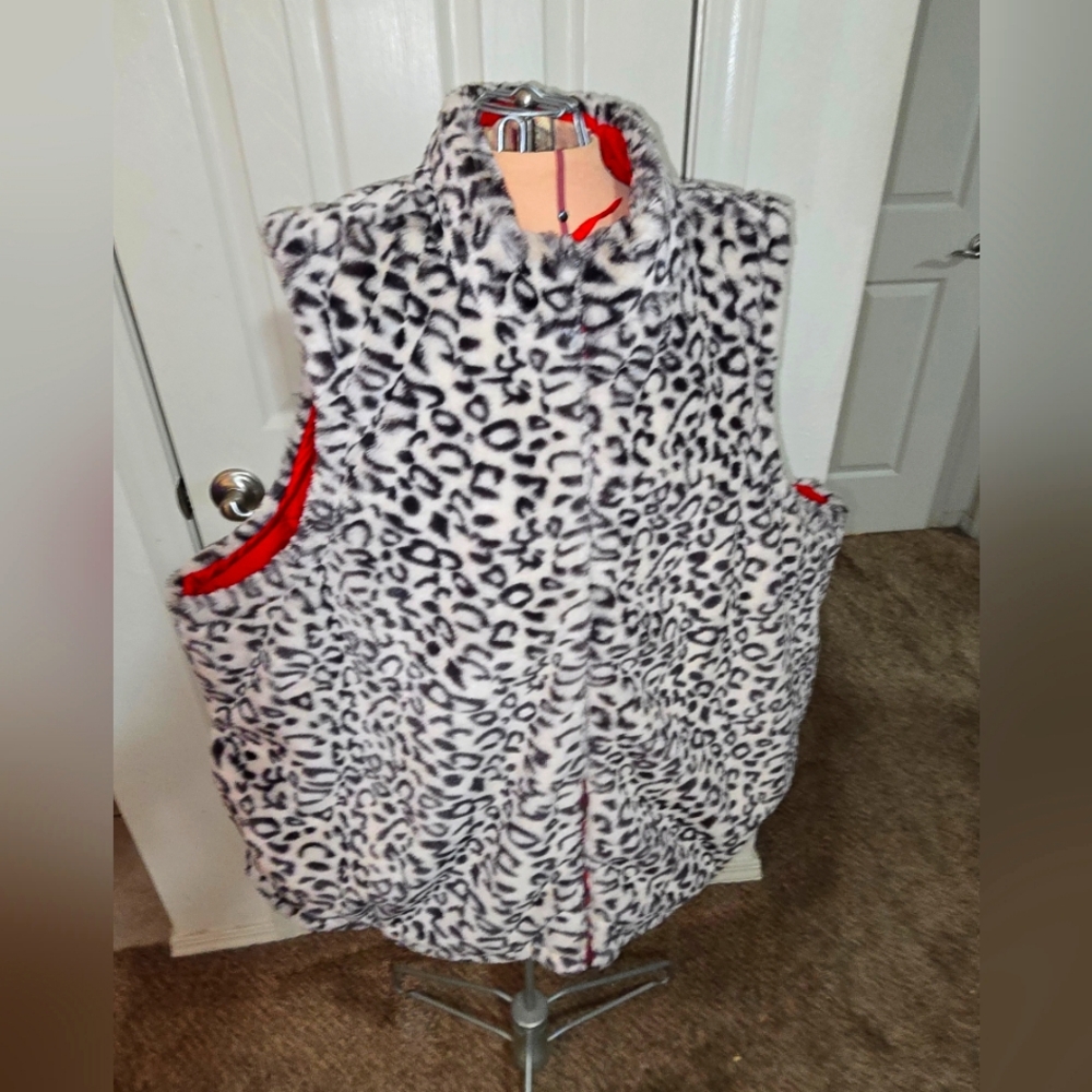 Animal Print/Red Reversible Vest/ Faux Fur & Satin